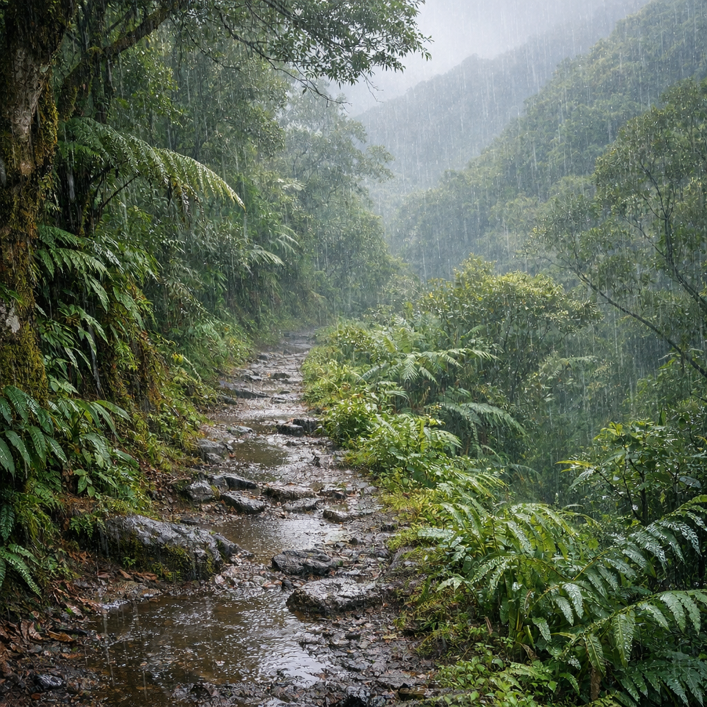 Pluie légère sur un sentier forestier